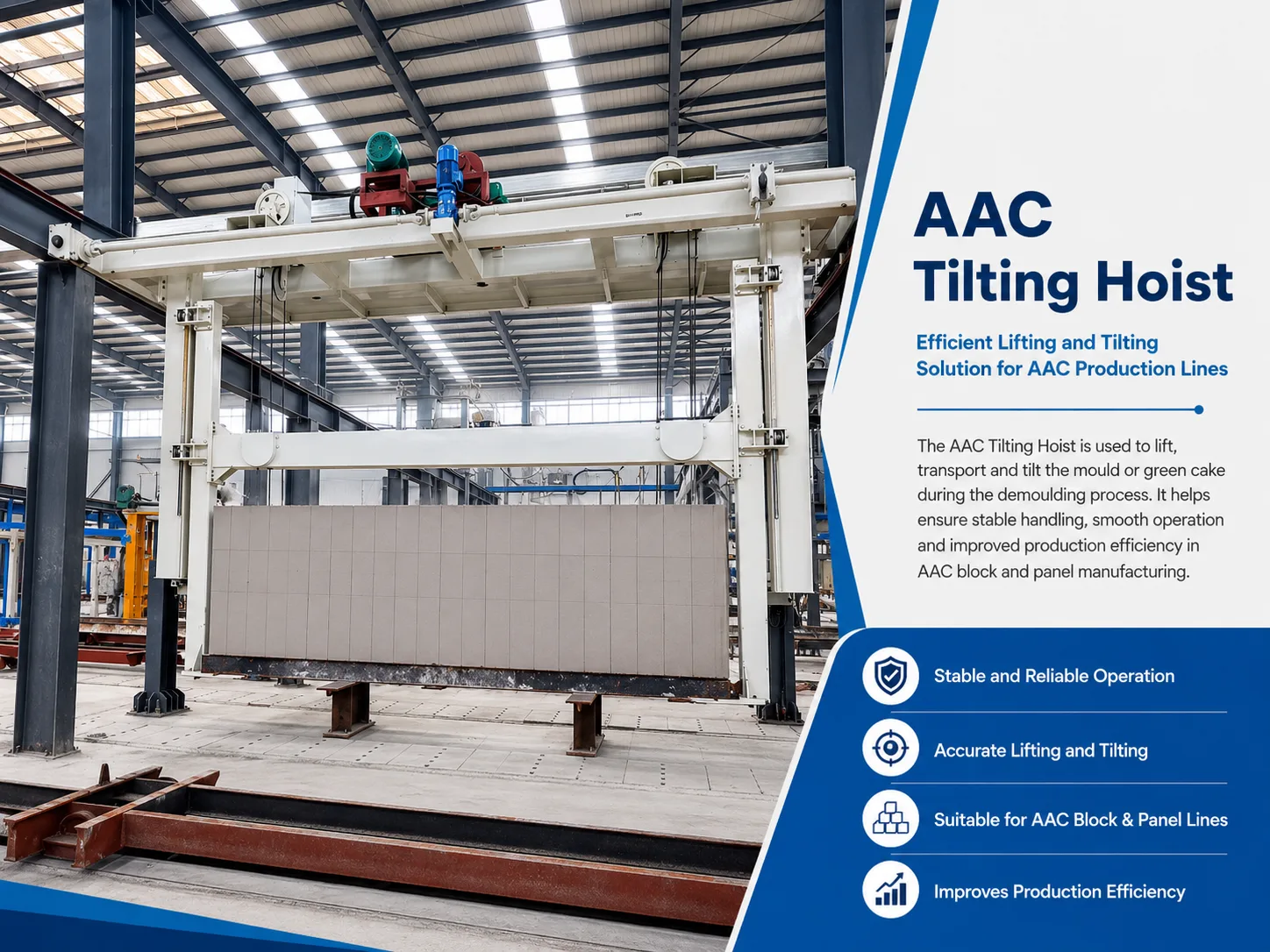 AAC tilting hoist demoulding a reinforced panel cake before cutting